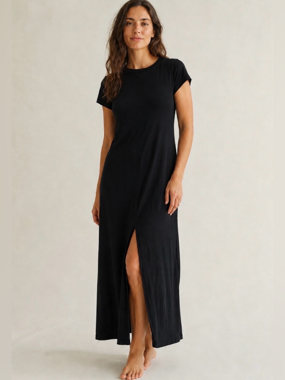 Sundry Black T-Shirt Maxi Dress Front Slit Minimalist Casual Dress sz 0 Coastal